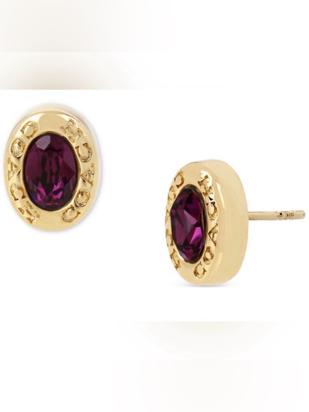 COACH Gold-Tone Signature Logo & Color Crystal Stud Earrings Purple stud 2/5”
